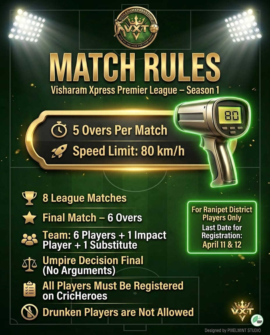 Tournament Match Rules Card Visharam Xpress Premier League